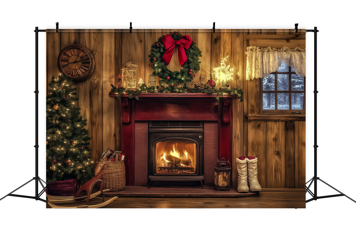 Wooden Christmas Backdrop Rustic Red Fireplace Mantel Large Christmas Backdrops RR69-44
