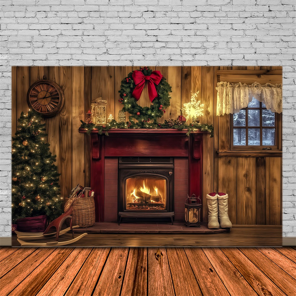 Wooden Christmas Backdrop Rustic Red Fireplace Mantel Large Christmas Backdrops RR69-44