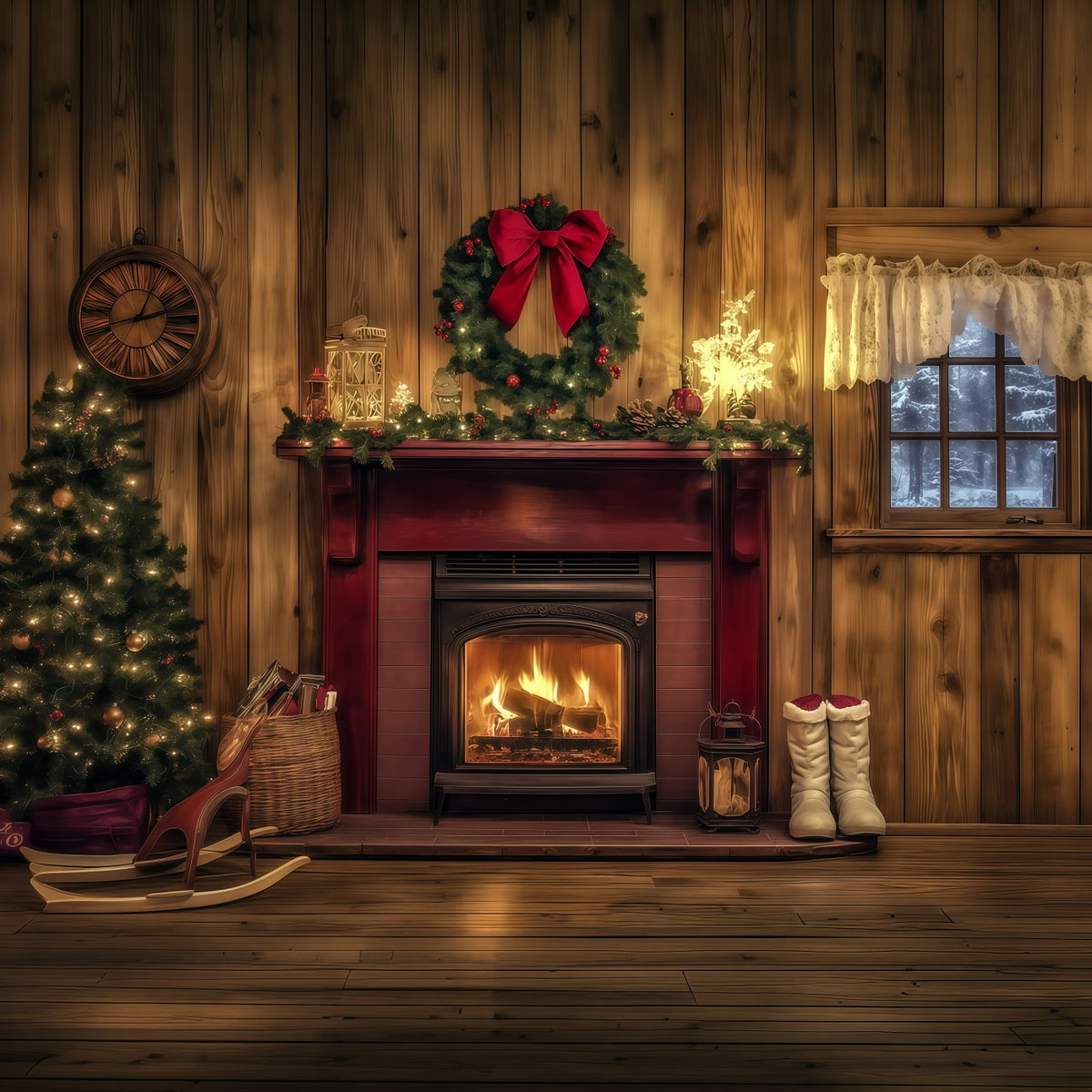 Wooden Christmas Backdrop Rustic Red Fireplace Mantel Large Christmas Backdrops RR69-44