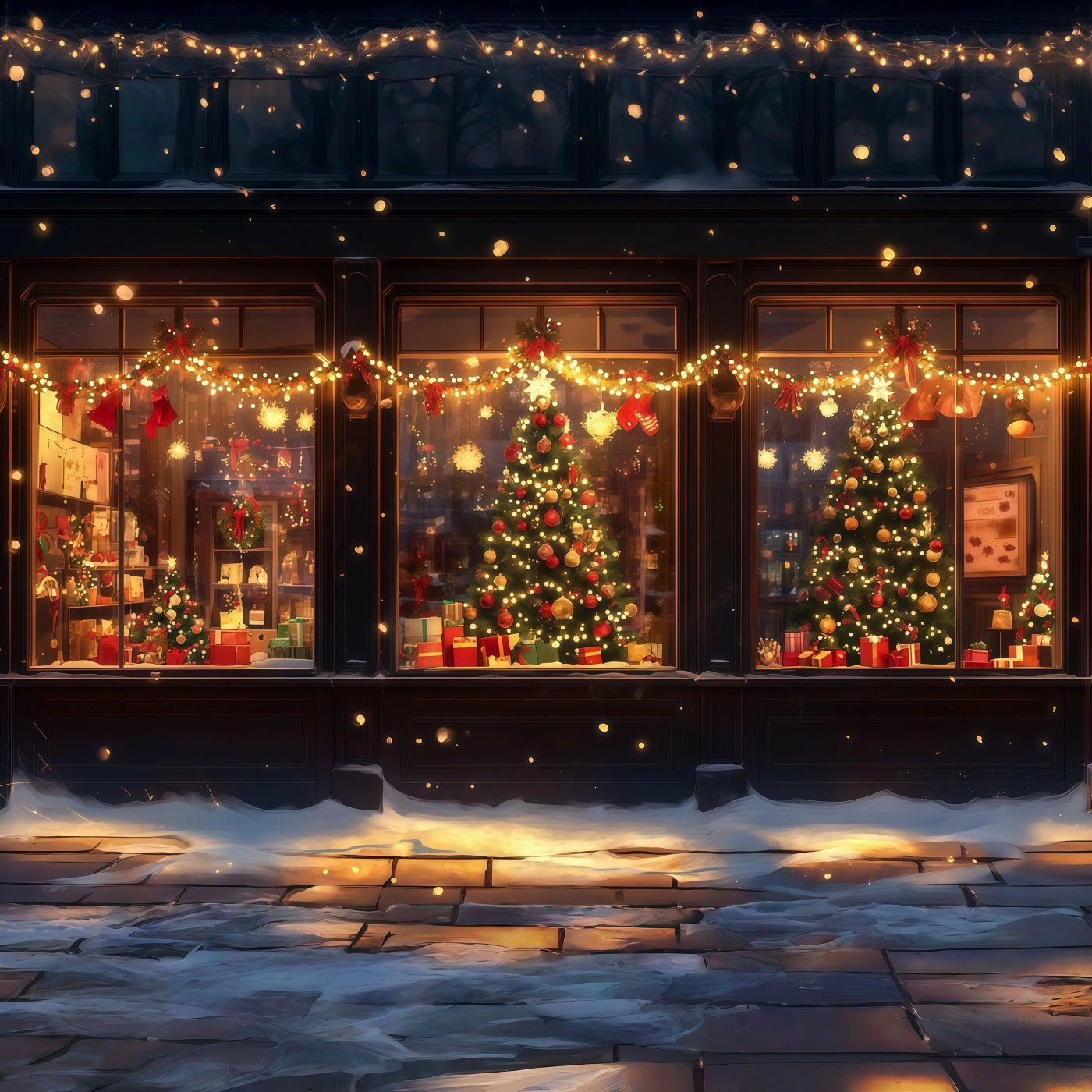 Christmas Store Backdrop Winter Shopfront Window Glow Christmas Wall Backdrop RR69-45