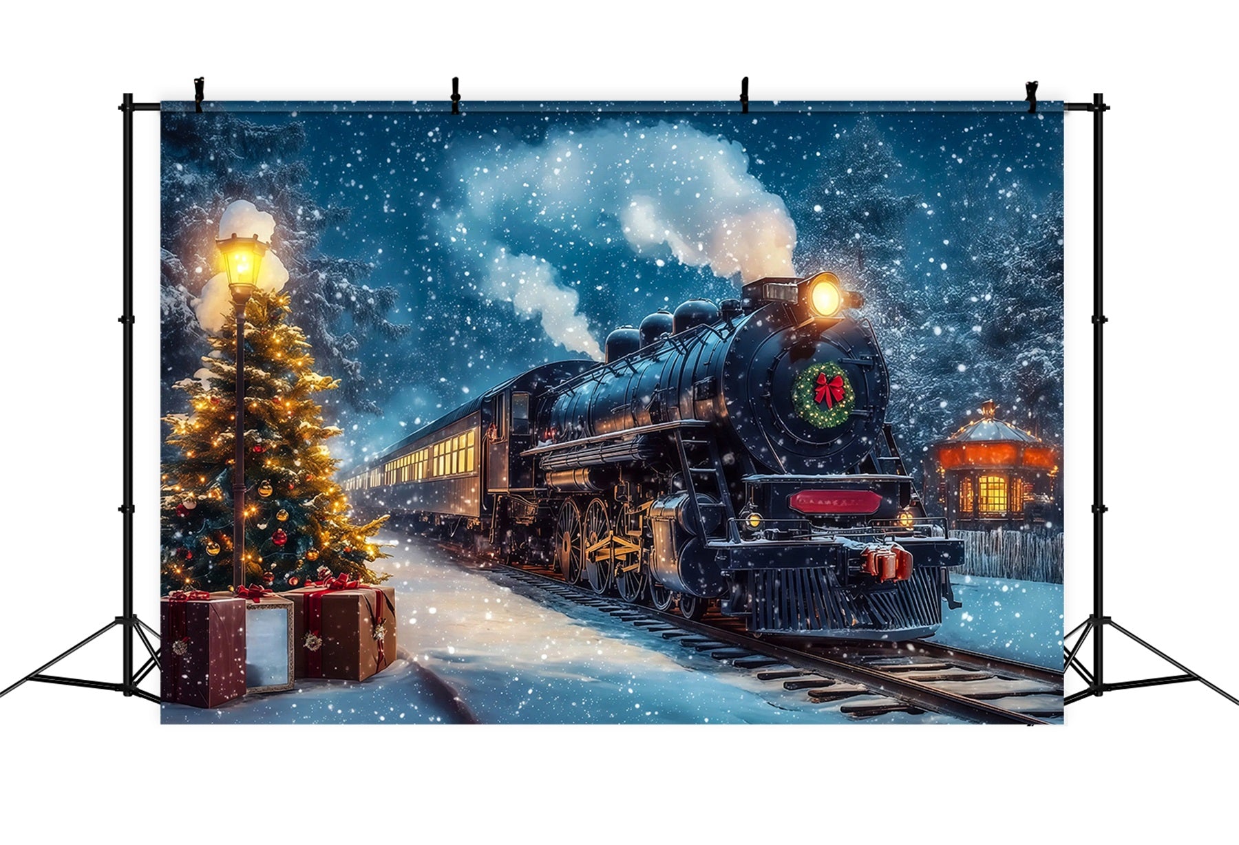 Christmas Train Backdrop Snowy Train Station Journey Large Christmas Backdrop RR69-47