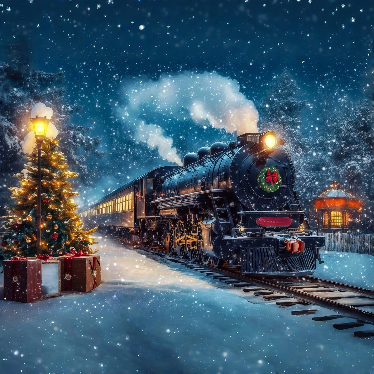 Christmas Train Backdrop Snowy Train Station Journey Large Christmas Backdrop RR69-47