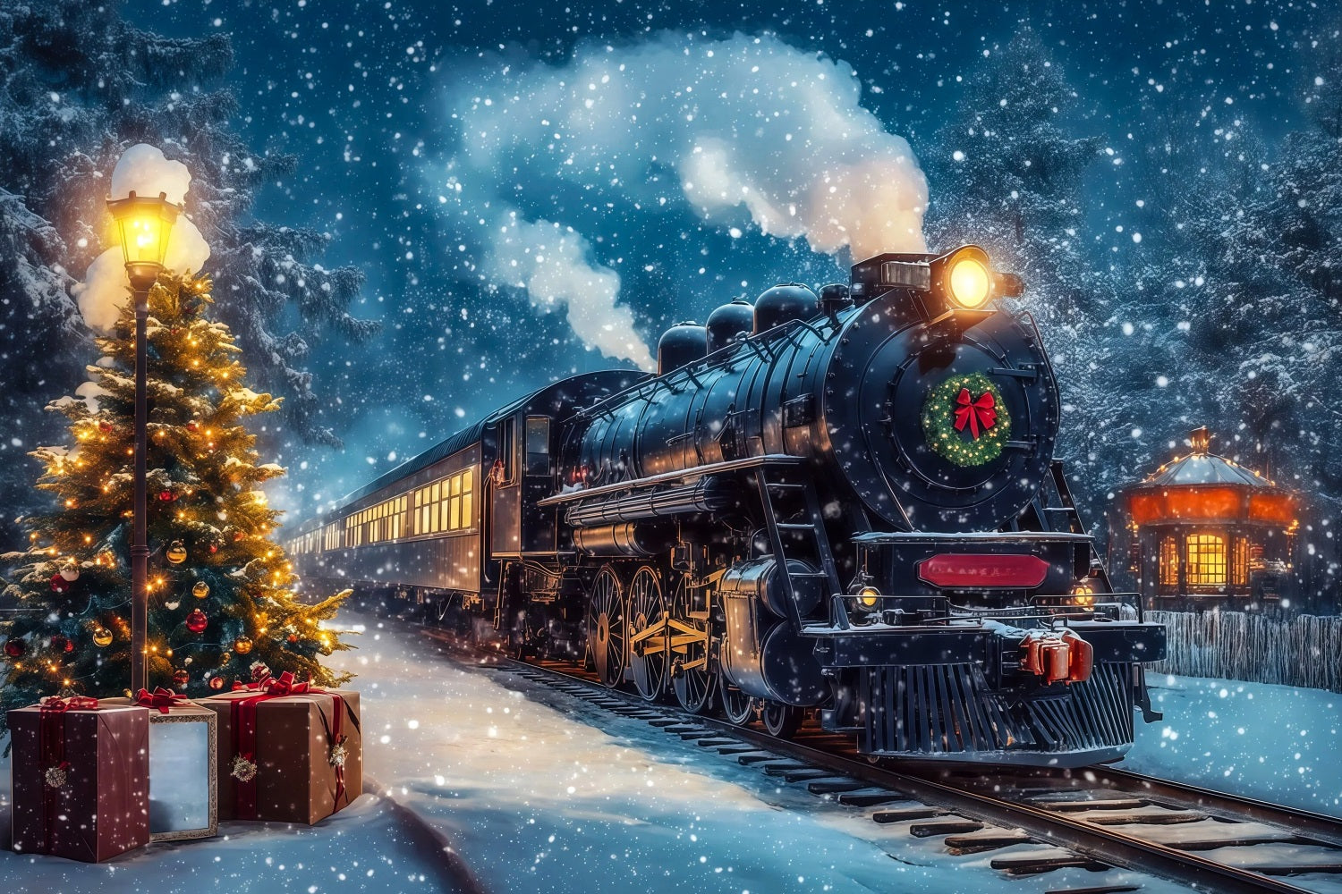 Christmas Train Backdrop Snowy Train Station Journey Large Christmas Backdrop RR69-47