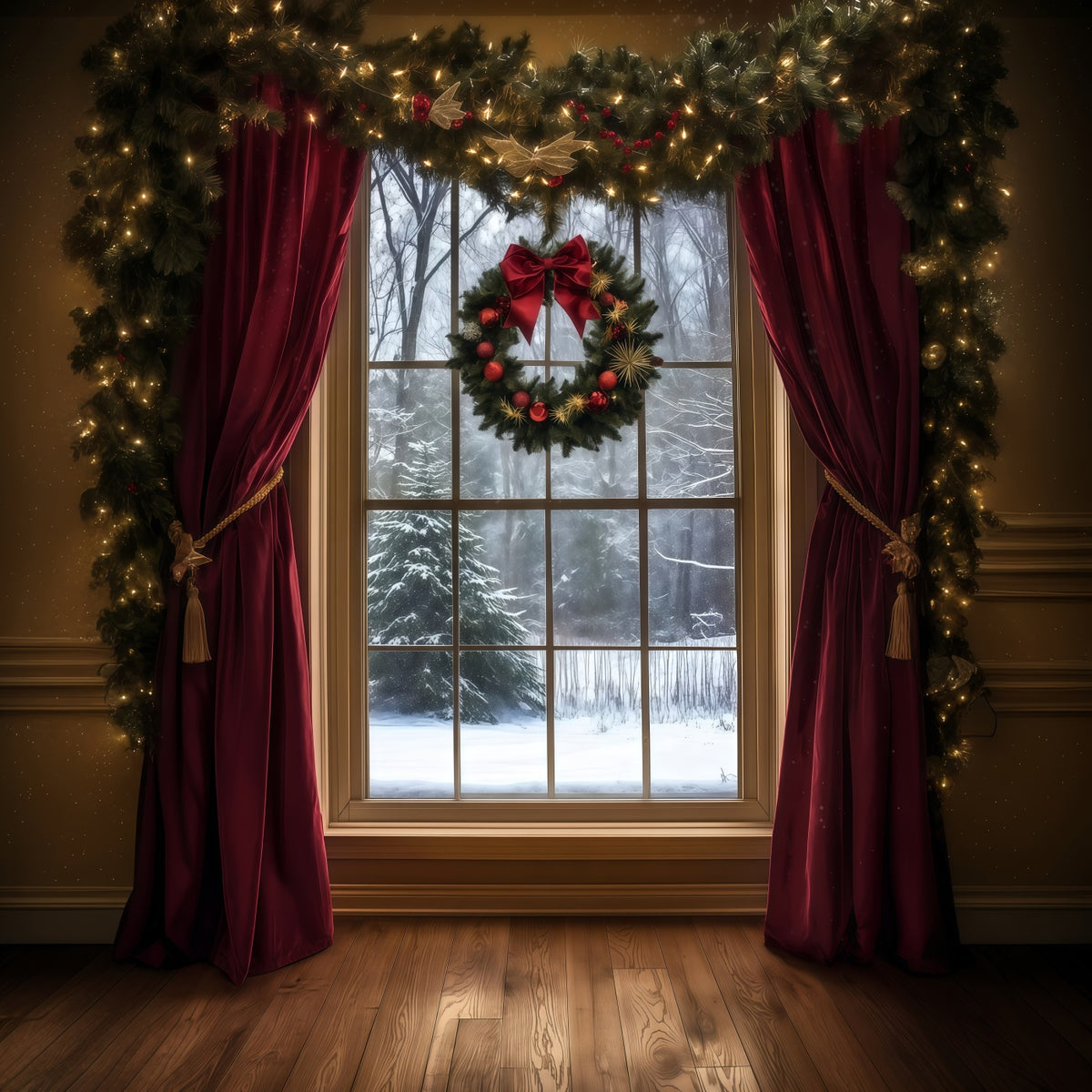 Christmas Window Backdrop Snowy View Velvet Curtain Photography Christmas Backdrop RR69-49