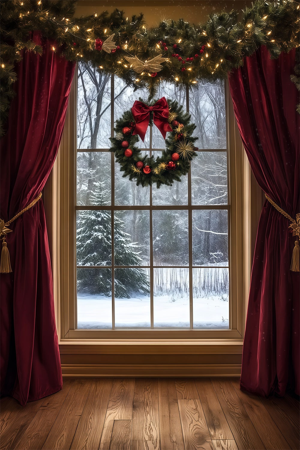 Christmas Window Backdrop Snowy View Velvet Curtain Photography Christmas Backdrop RR69-49