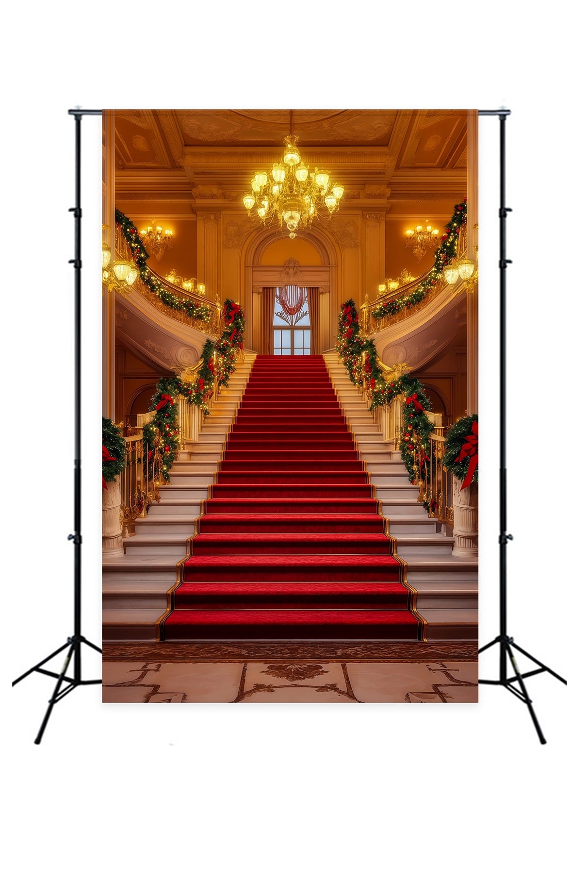 Christmas Stage Backdrops Grand Chandelier Staircase Hall Christmas Photography Backdrops RR69-5