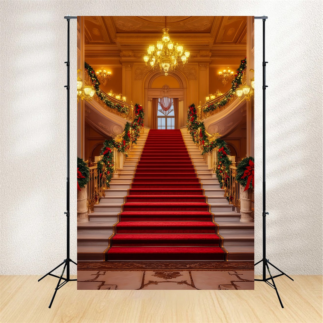 Christmas Stage Backdrops Grand Chandelier Staircase Hall Christmas Photography Backdrops RR69-5