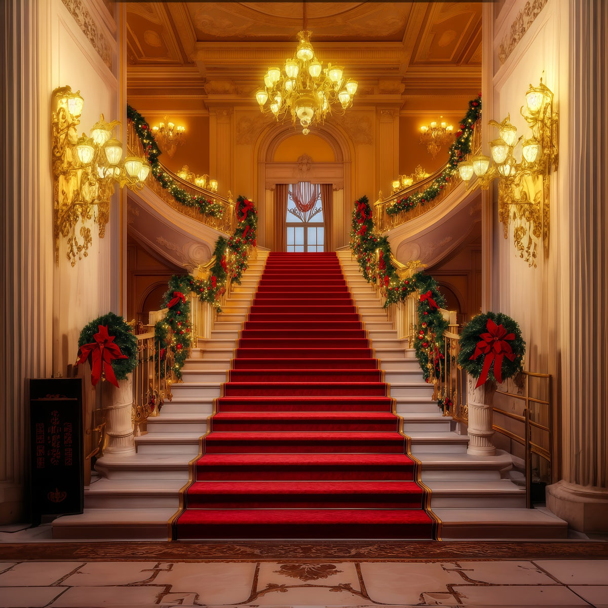 Christmas Stage Backdrops Grand Chandelier Staircase Hall Christmas Photography Backdrops RR69-5