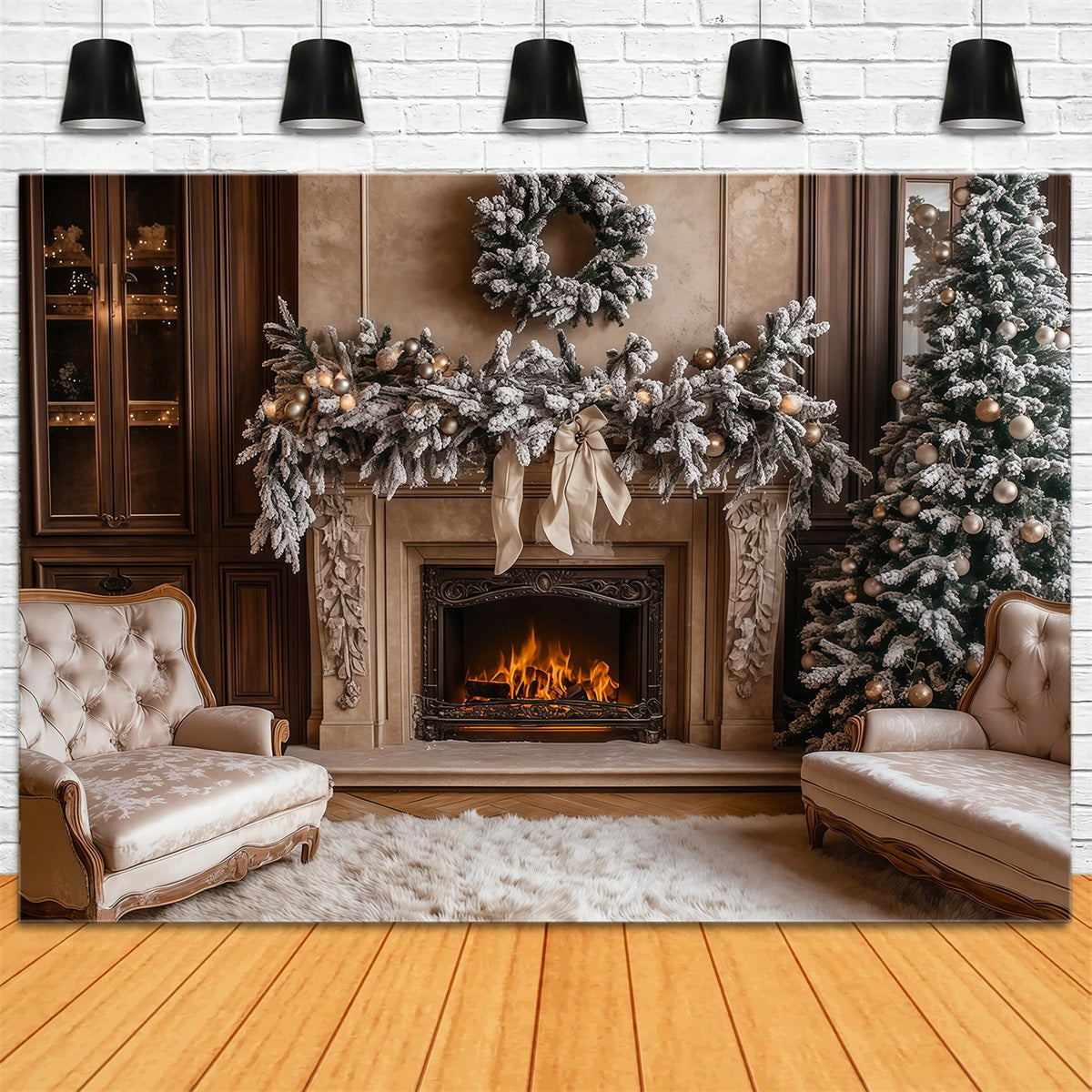 Christmas Living Room Backdrop Fireplace White Garland Photography Backdrops Christmas RR69-50
