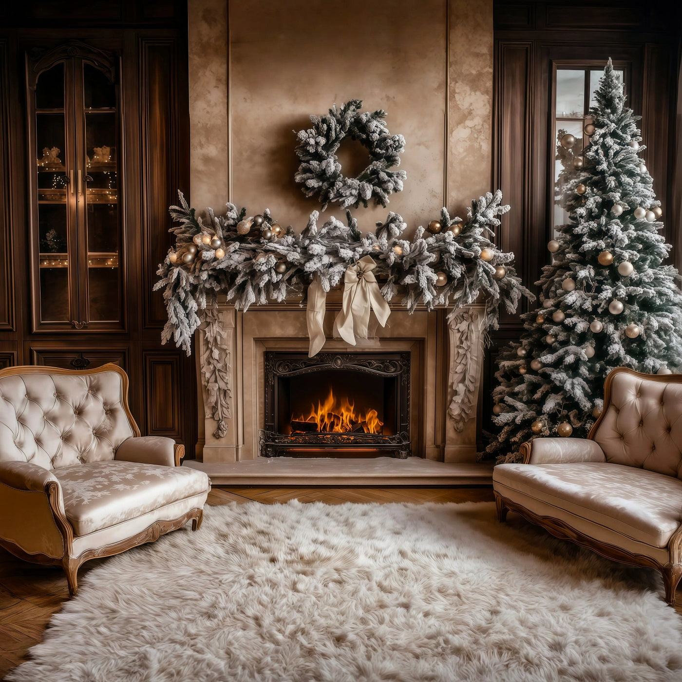 Christmas Living Room Backdrop Fireplace White Garland Photography Backdrops Christmas RR69-50