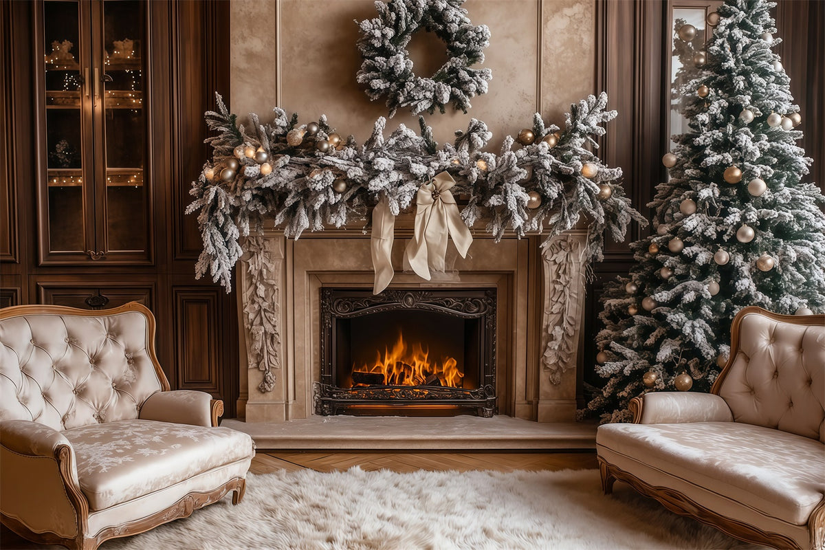 Christmas Living Room Backdrop Fireplace White Garland Photography Backdrops Christmas RR69-50