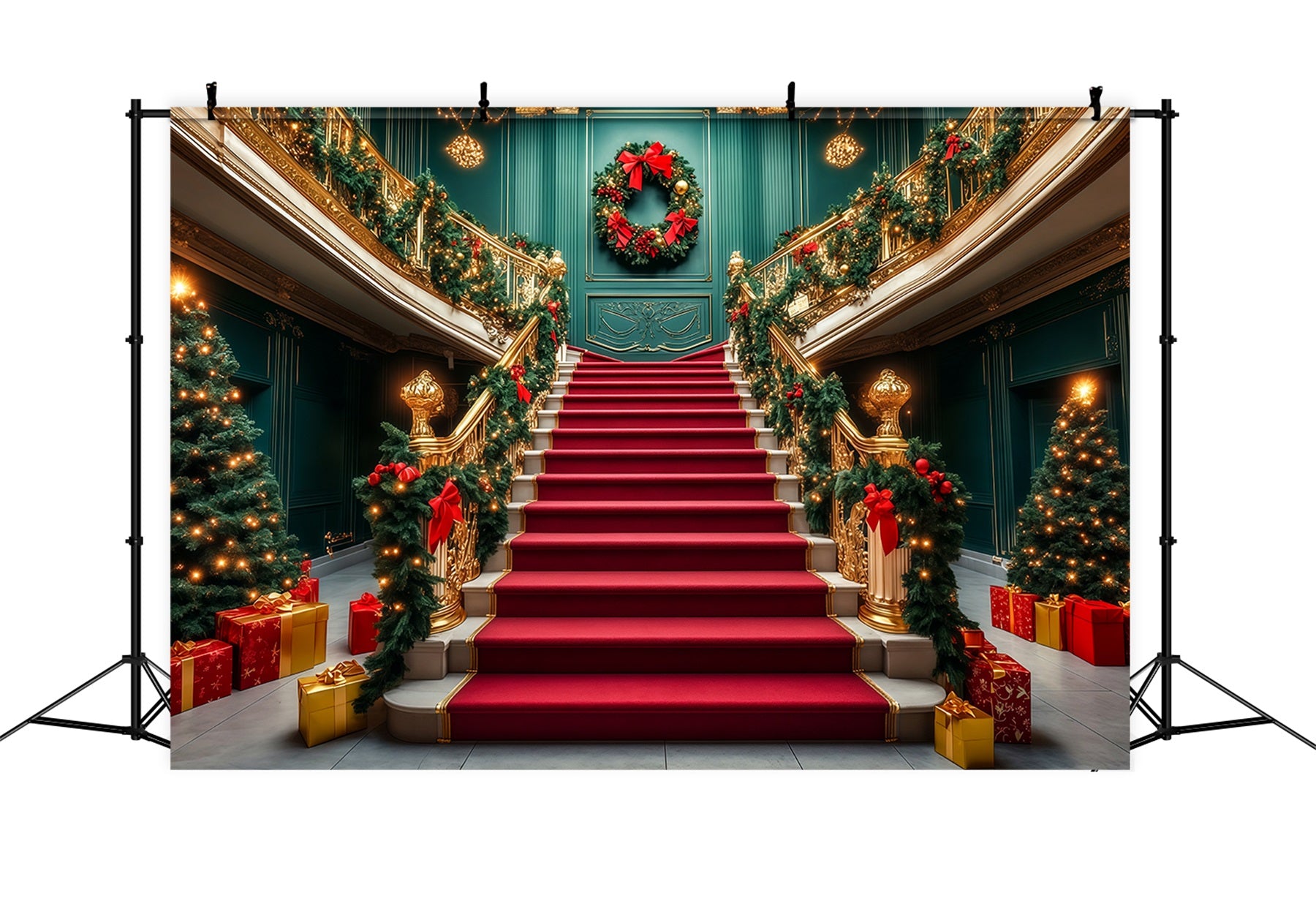 Classy Christmas Backdrop Grand Staircase Garland Entrance Christmas Wall Backdrops RR69-52