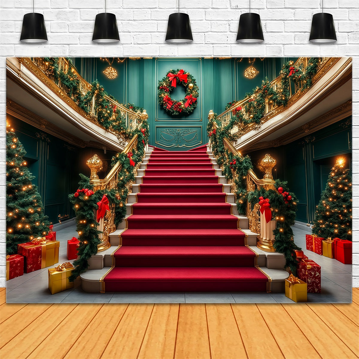 Classy Christmas Backdrop Grand Staircase Garland Entrance Christmas Wall Backdrops RR69-52