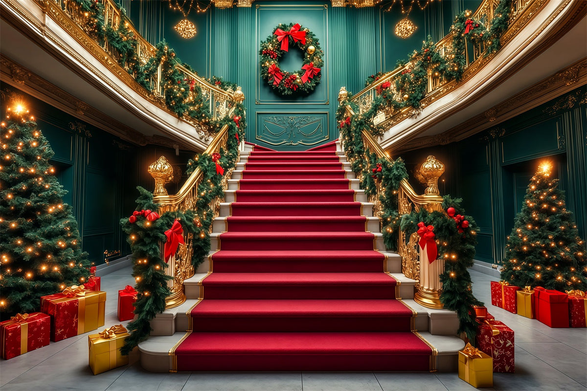 Classy Christmas Backdrop Grand Staircase Garland Entrance Christmas Wall Backdrops RR69-52