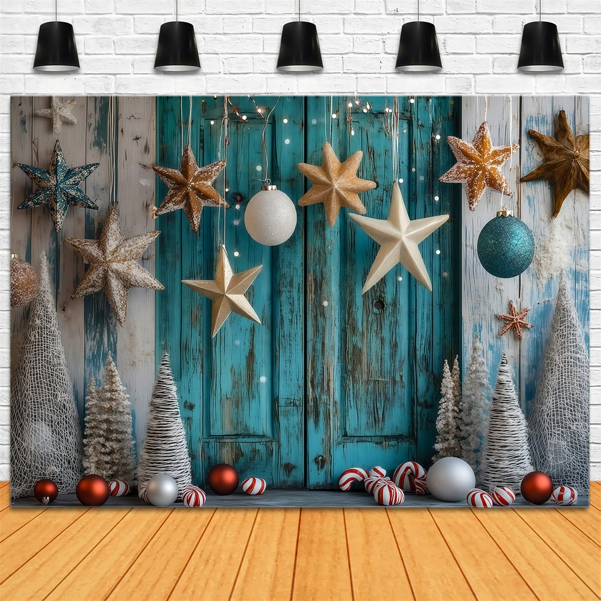 Christmas Wood Backdrop Coastal Star Ornament Decor Christmas Studio Backdrop RR69-53
