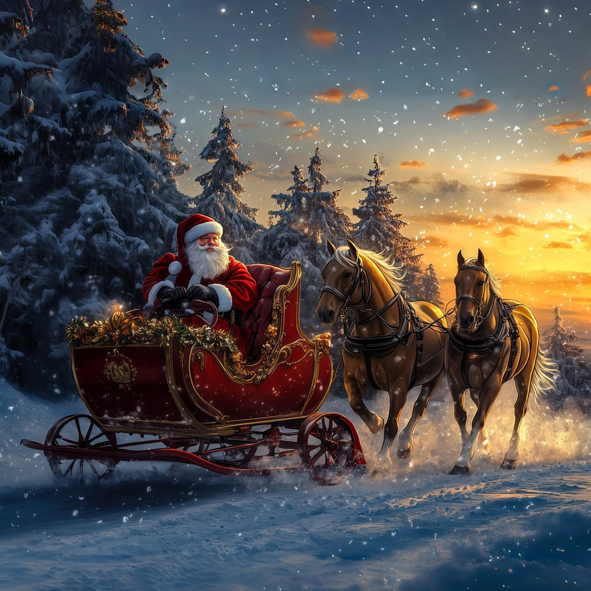 Christmas Santa Backdrop Santa Sleigh Snow Forest Photography Backdrop Christmas RR69-54