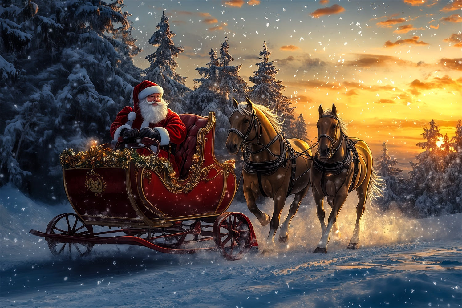 Christmas Santa Backdrop Santa Sleigh Snow Forest Photography Backdrop Christmas RR69-54