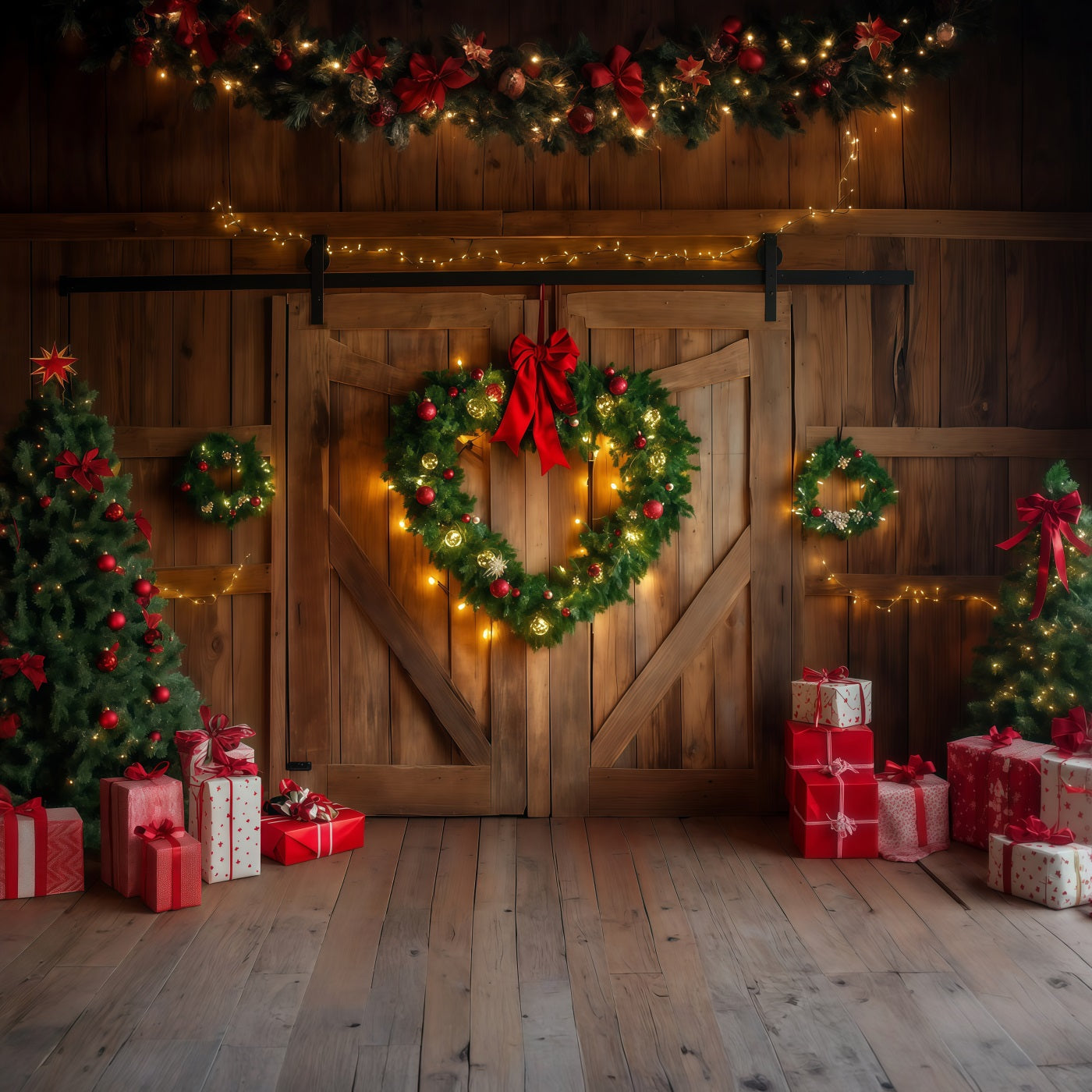 Barn Door Christmas Backdrop Rustic Barn Wreath Door Indoor Christmas Backdrop RR69-55