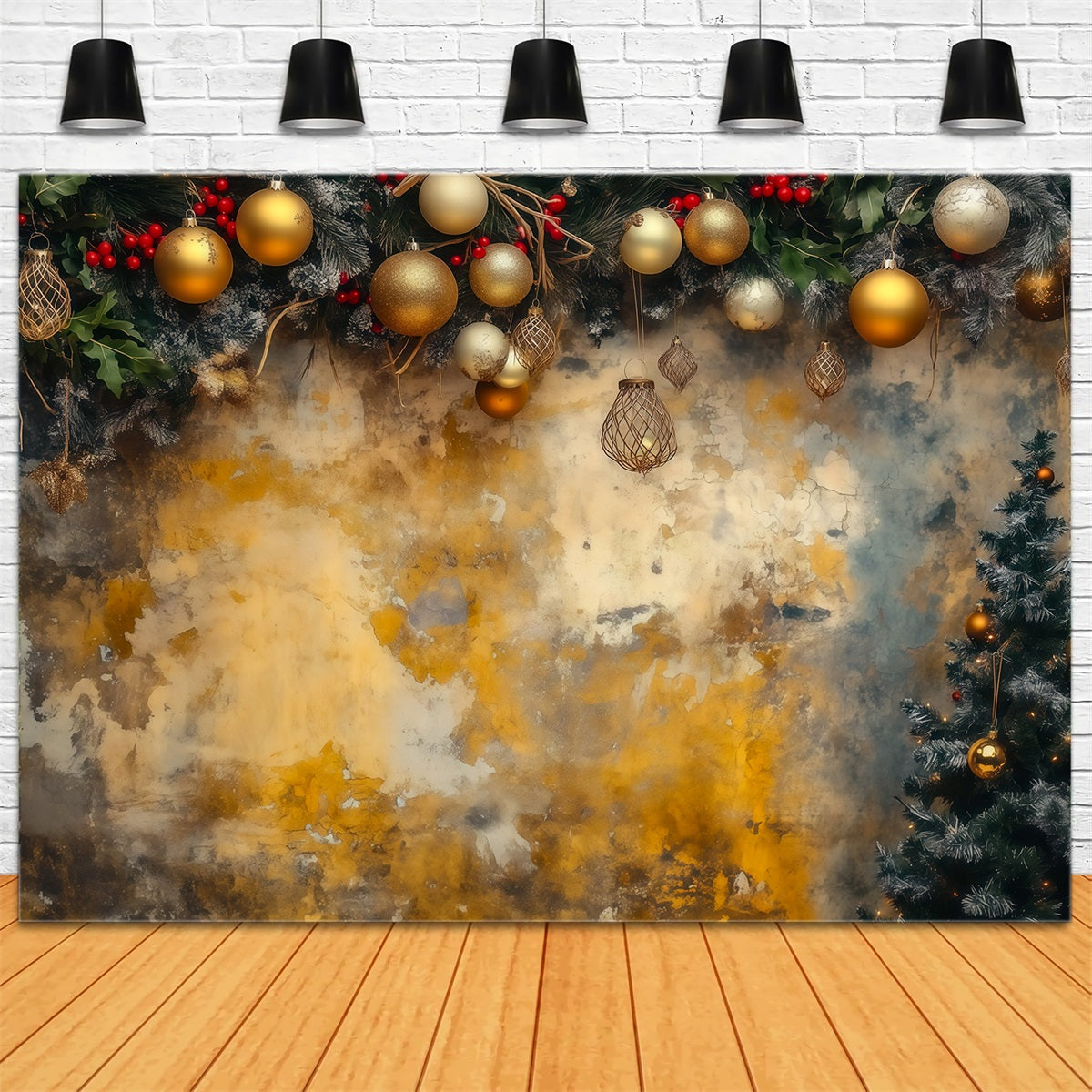 Christmas Ball Backdrop Golden Ornament Garland Wall Studio Backdrops Christmas RR69-56