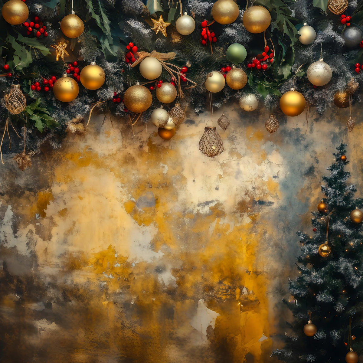 Christmas Ball Backdrop Golden Ornament Garland Wall Studio Backdrops Christmas RR69-56