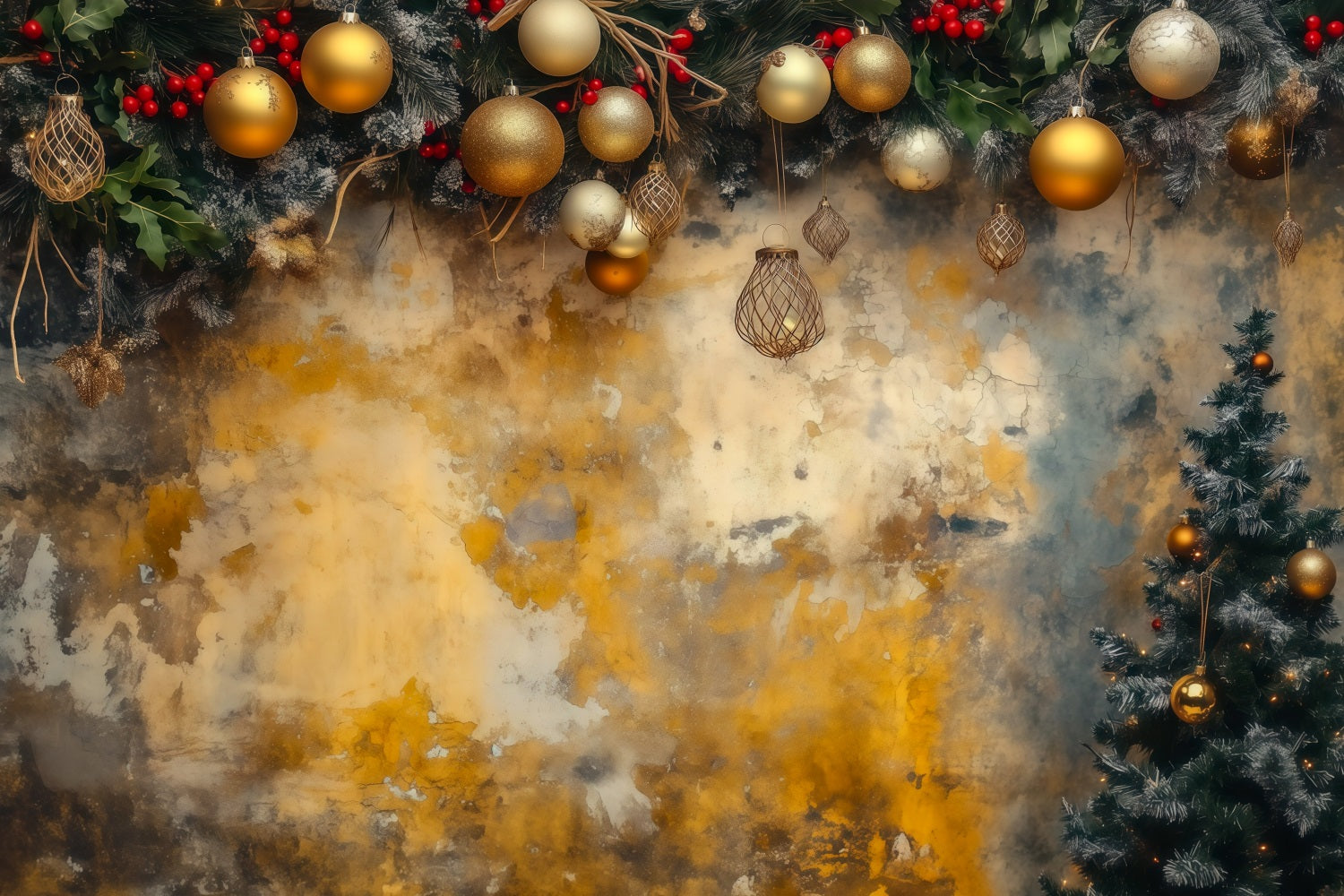 Christmas Ball Backdrop Golden Ornament Garland Wall Studio Backdrops Christmas RR69-56