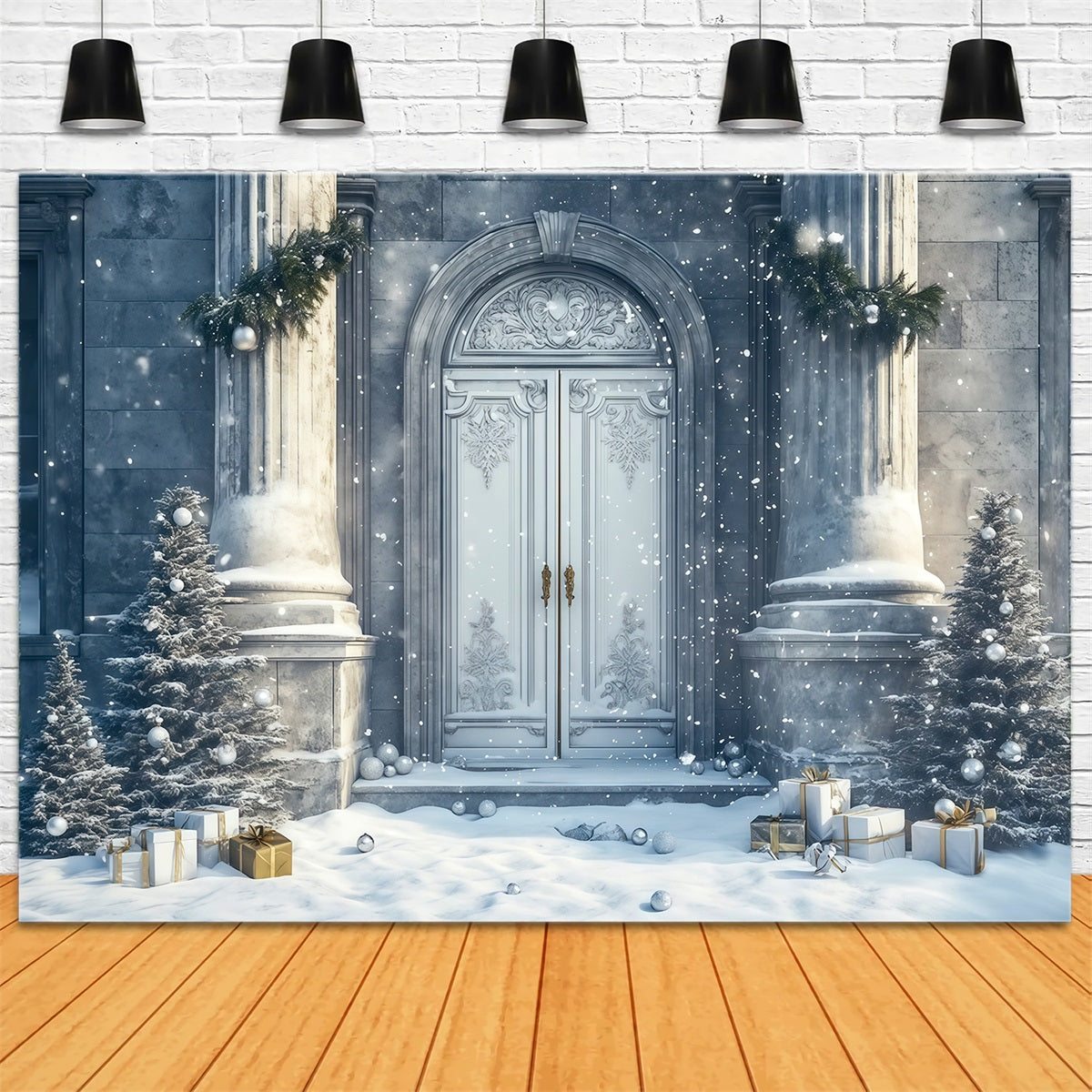 Christmas House Backdrop Snowy Palace Entrance Photo Christmas Backdrop RR69-57