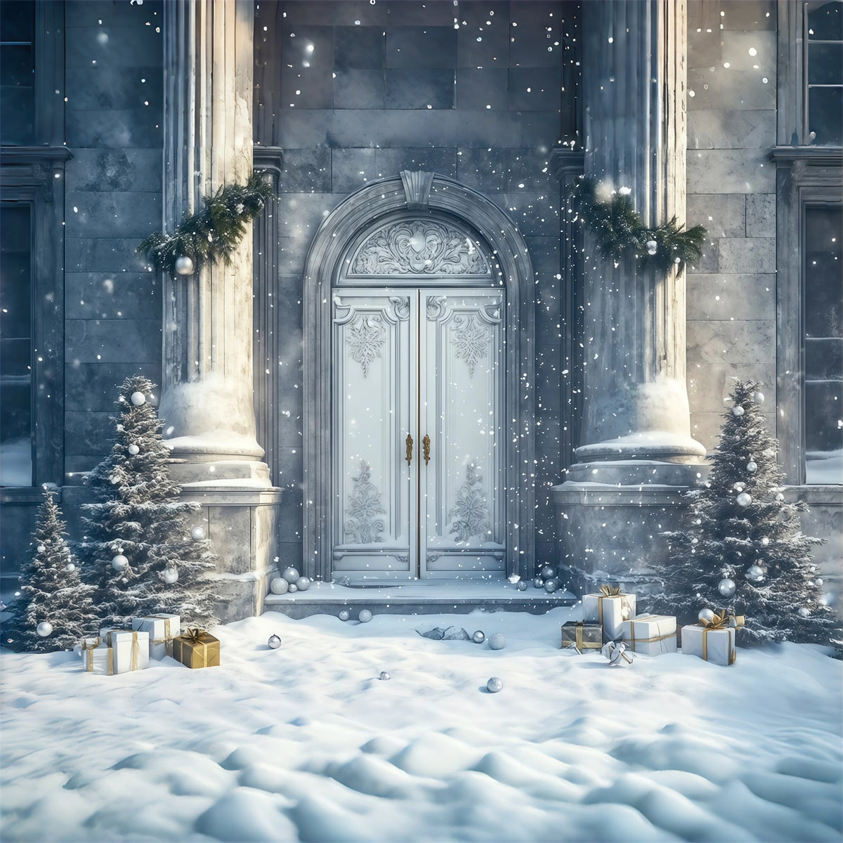 Christmas House Backdrop Snowy Palace Entrance Photo Christmas Backdrop RR69-57