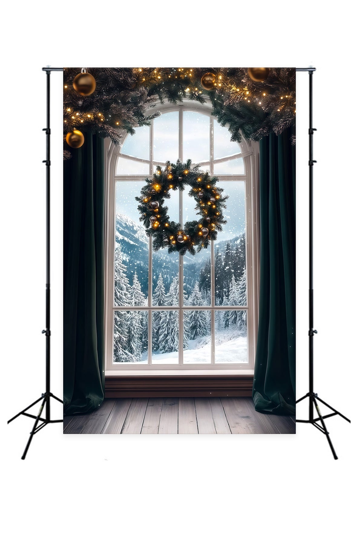 Christmas Window Backdrop Wreath Mountain Snow View Photo Christmas Backdrops RR69-58