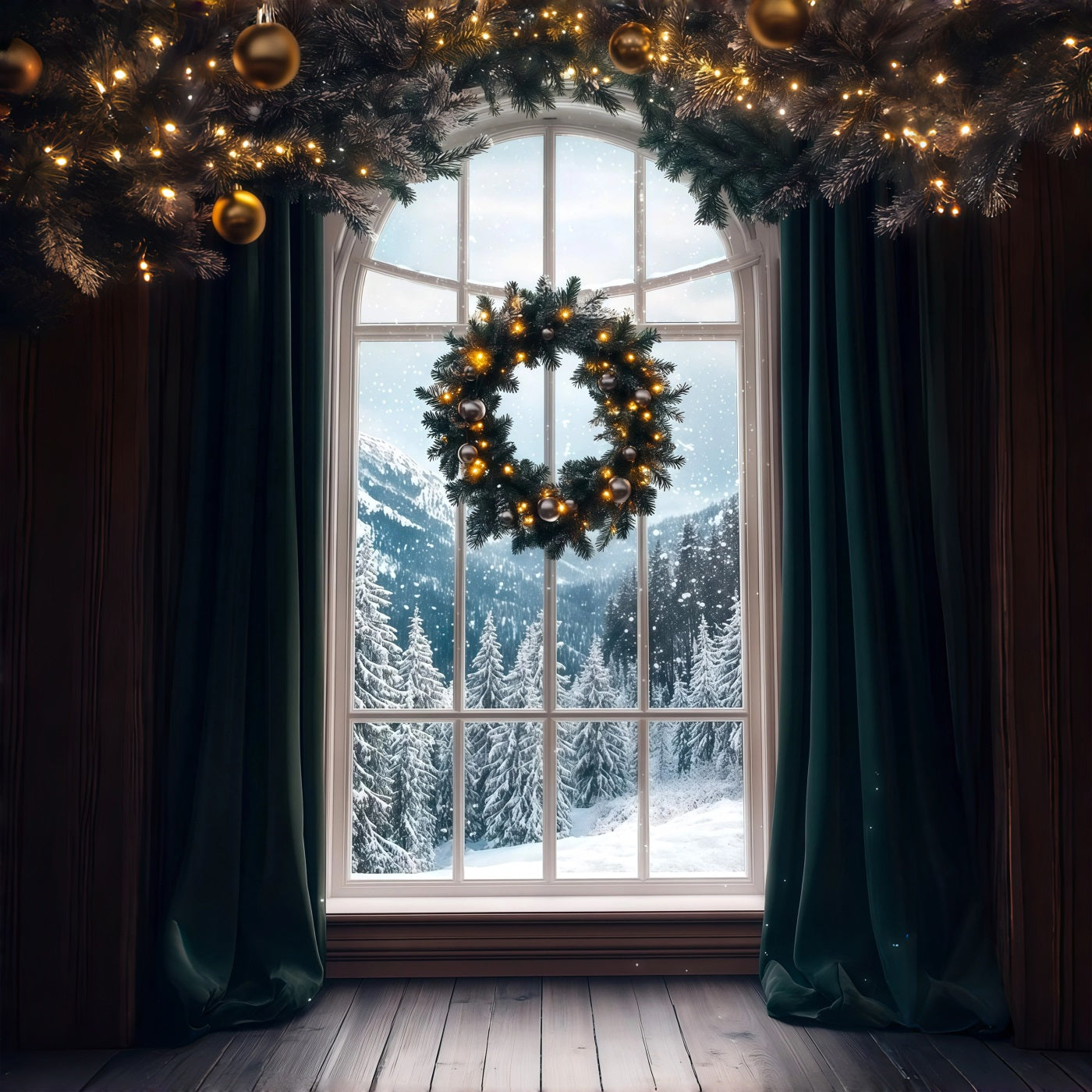 Christmas Window Backdrop Wreath Mountain Snow View Photo Christmas Backdrops RR69-58