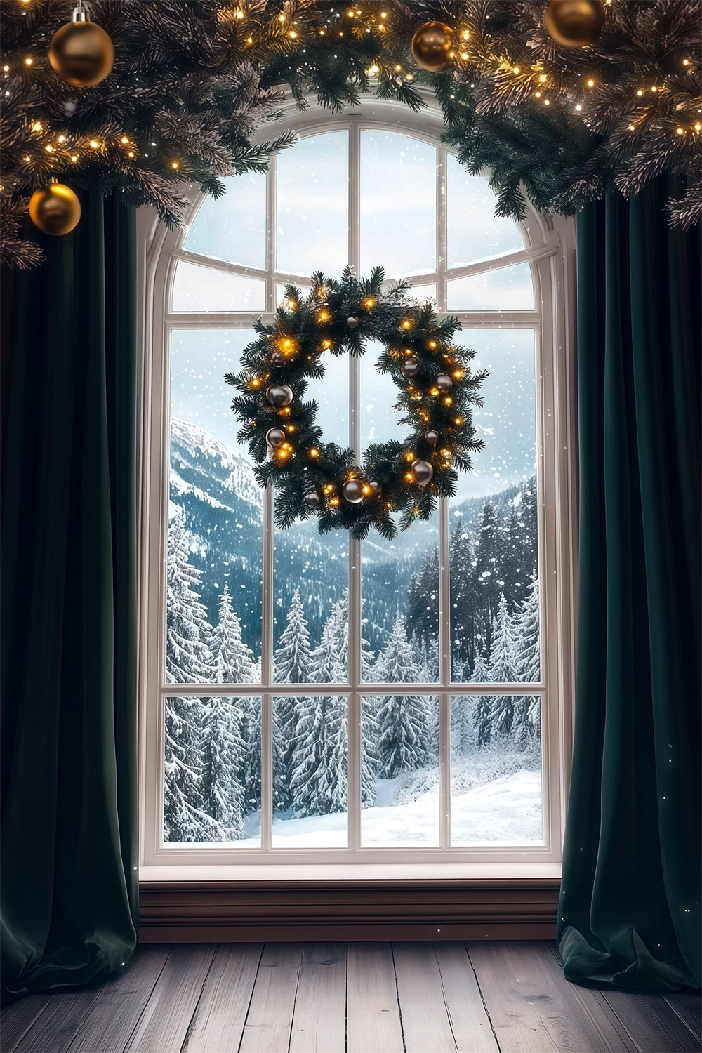 Christmas Window Backdrop Wreath Mountain Snow View Photo Christmas Backdrops RR69-58