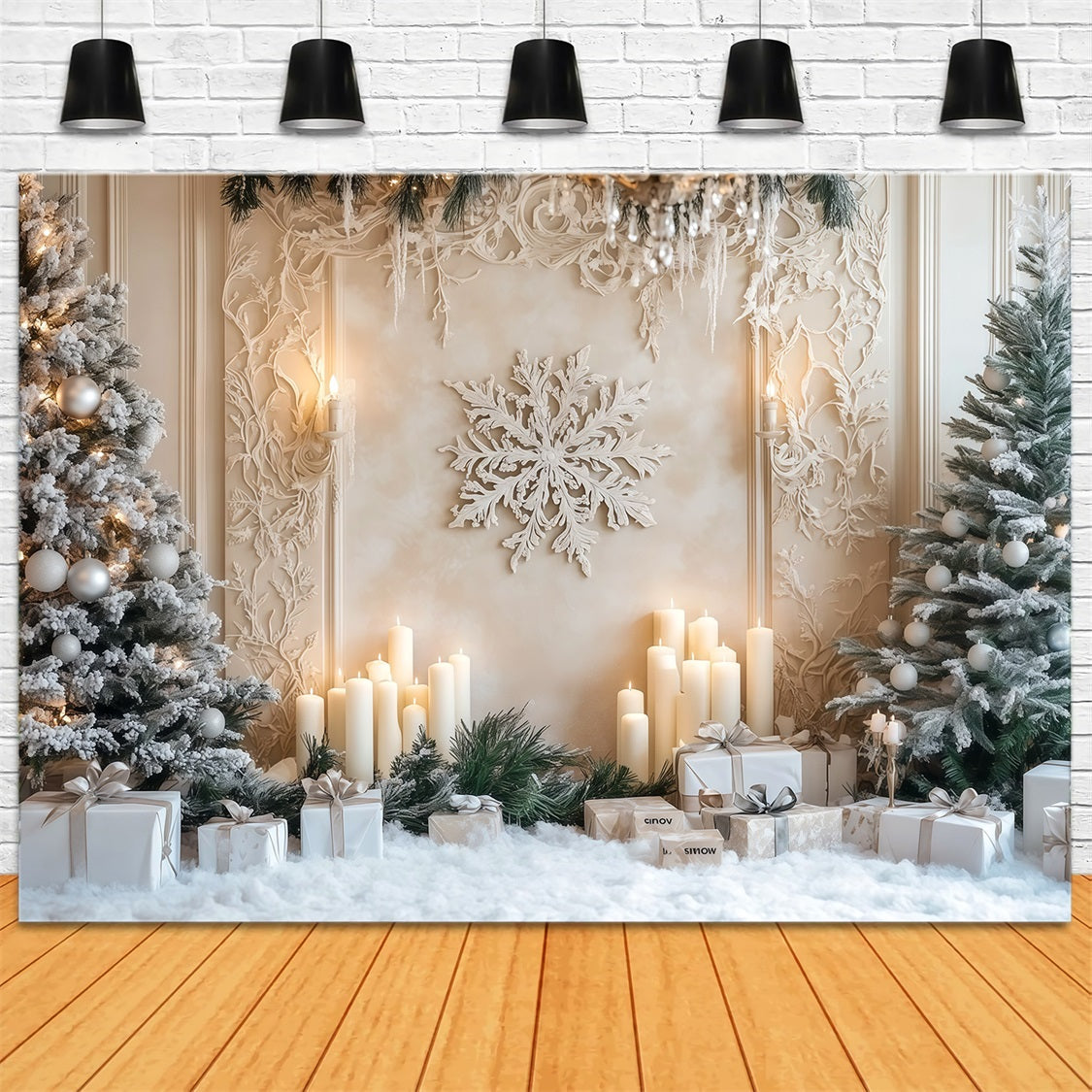 White Christmas Tree Backdrop Frosted Candle Snowflake Wall Photo Backdrop Christmas RR69-6