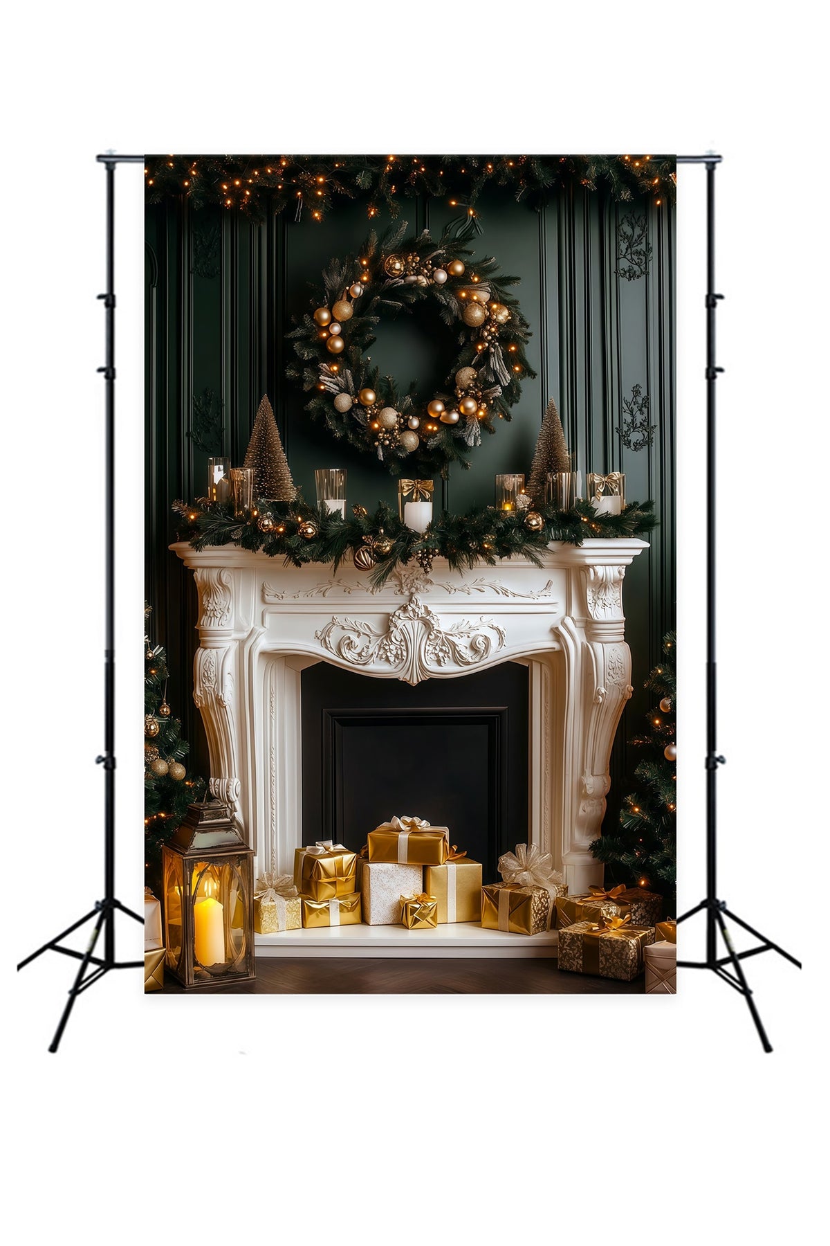 Fireplace Christmas Backdrop Elegant Dark Mantel Glow Studio Christmas Backdrop RR69-60