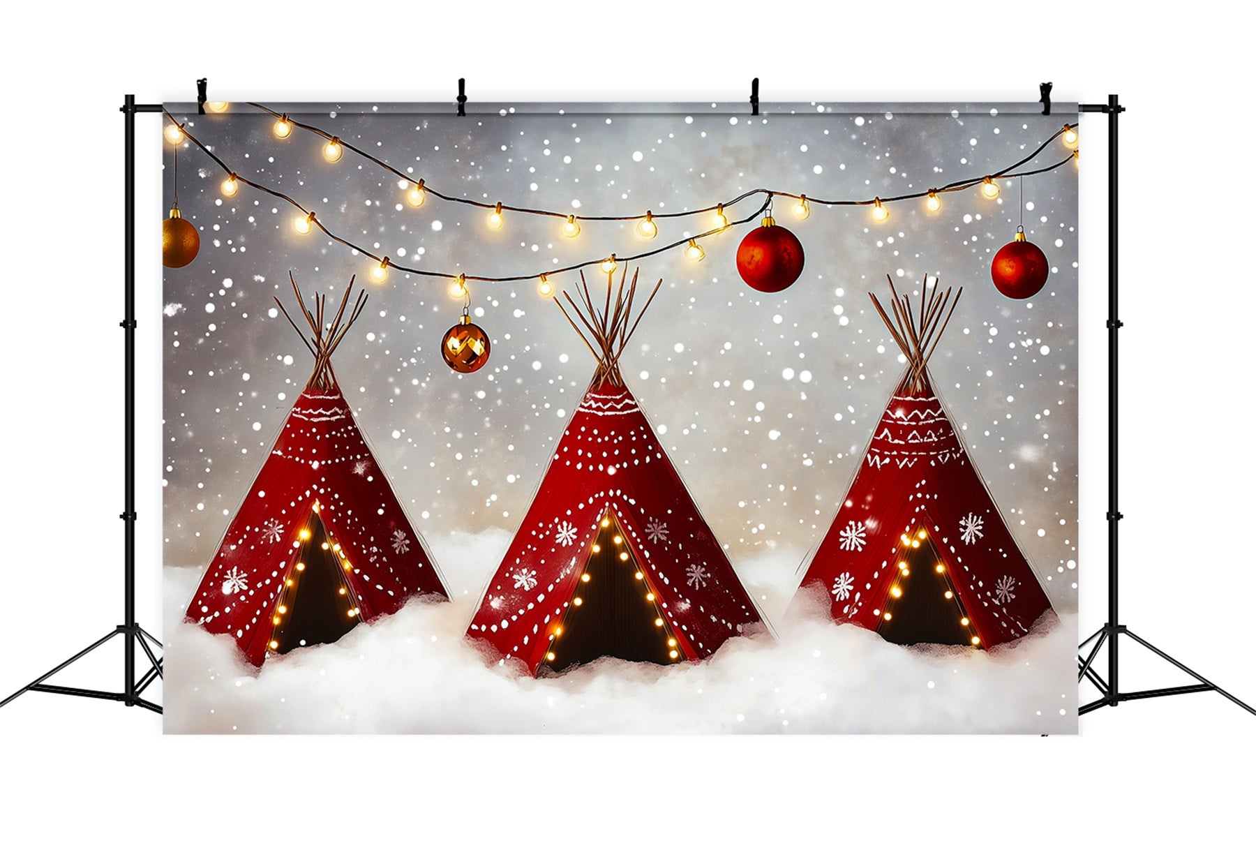 Cute Christmas Backdrop Snowy Teepee Lights Professional Christmas Backdrops RR69-61
