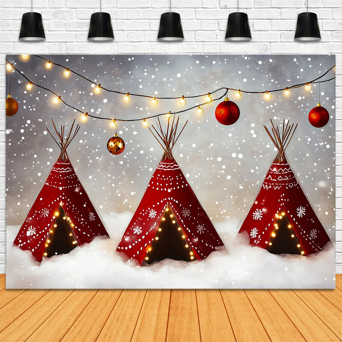 Cute Christmas Backdrop Snowy Teepee Lights Professional Christmas Backdrops RR69-61
