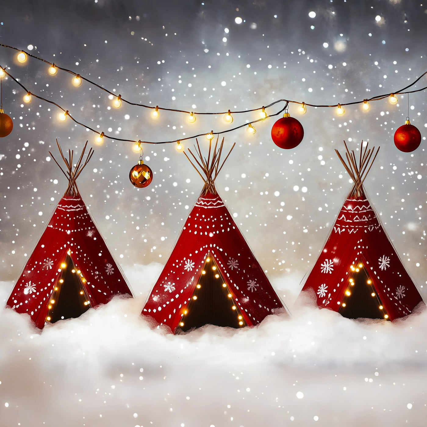 Cute Christmas Backdrop Snowy Teepee Lights Professional Christmas Backdrops RR69-61