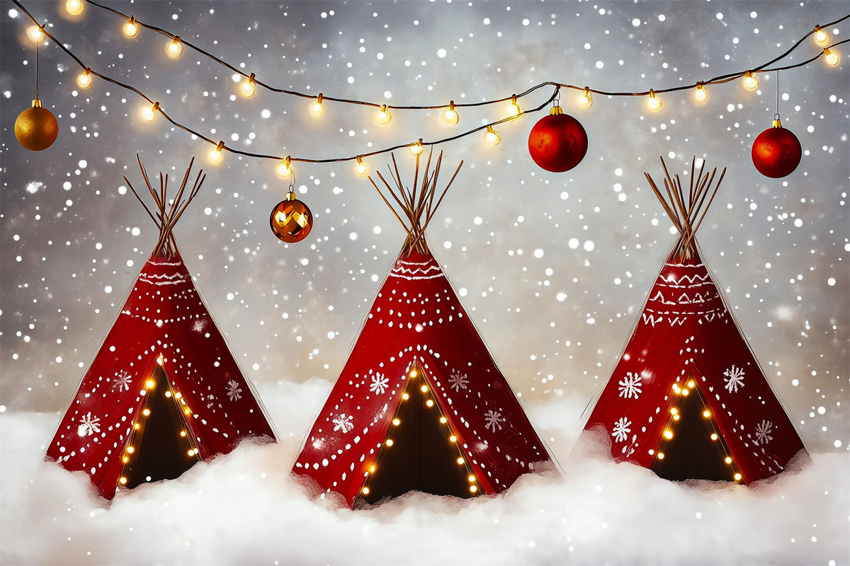 Cute Christmas Backdrop Snowy Teepee Lights Professional Christmas Backdrops RR69-61