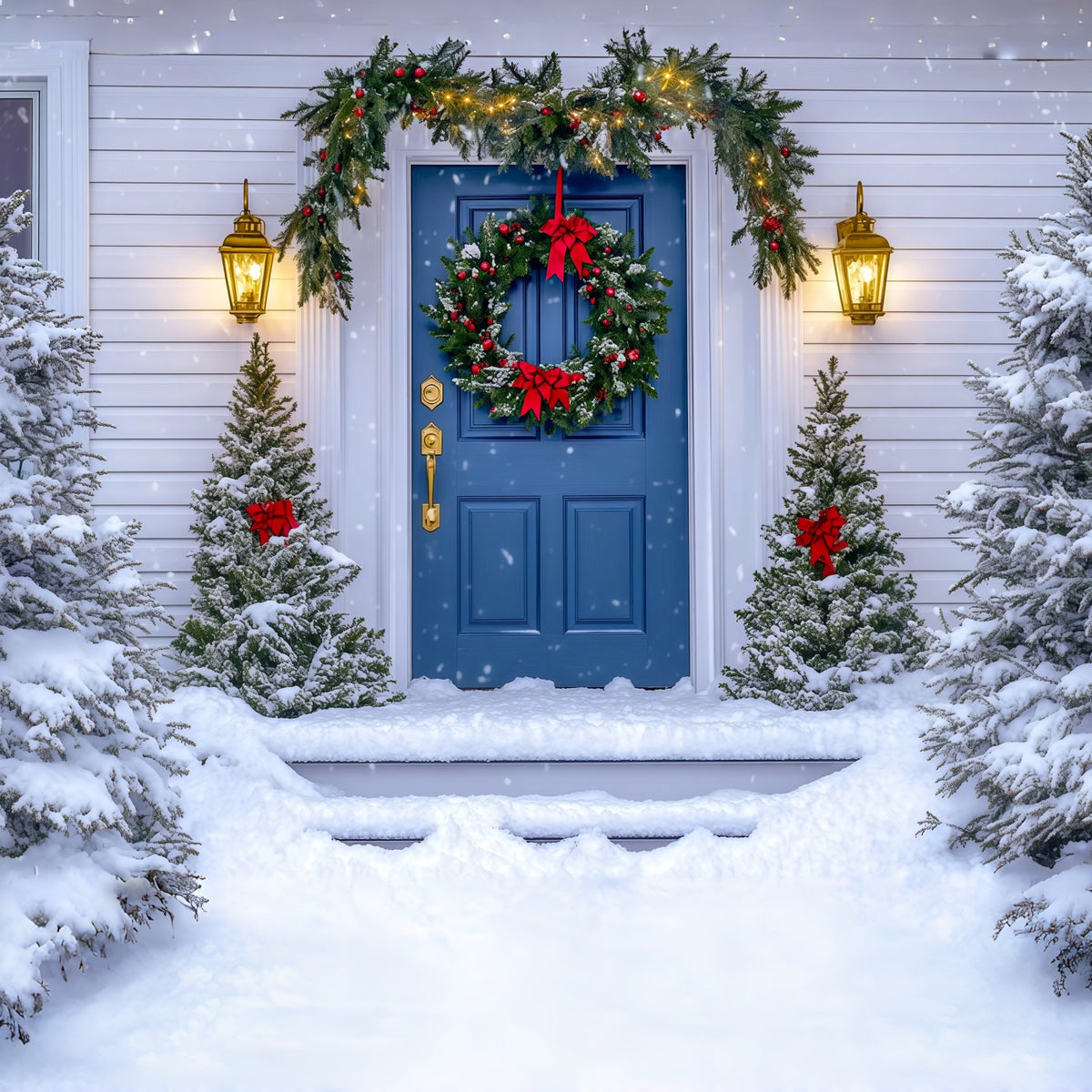 Christmas House Backdrop Blue Door Wreath Photo Backdrop Christmas RR69-63