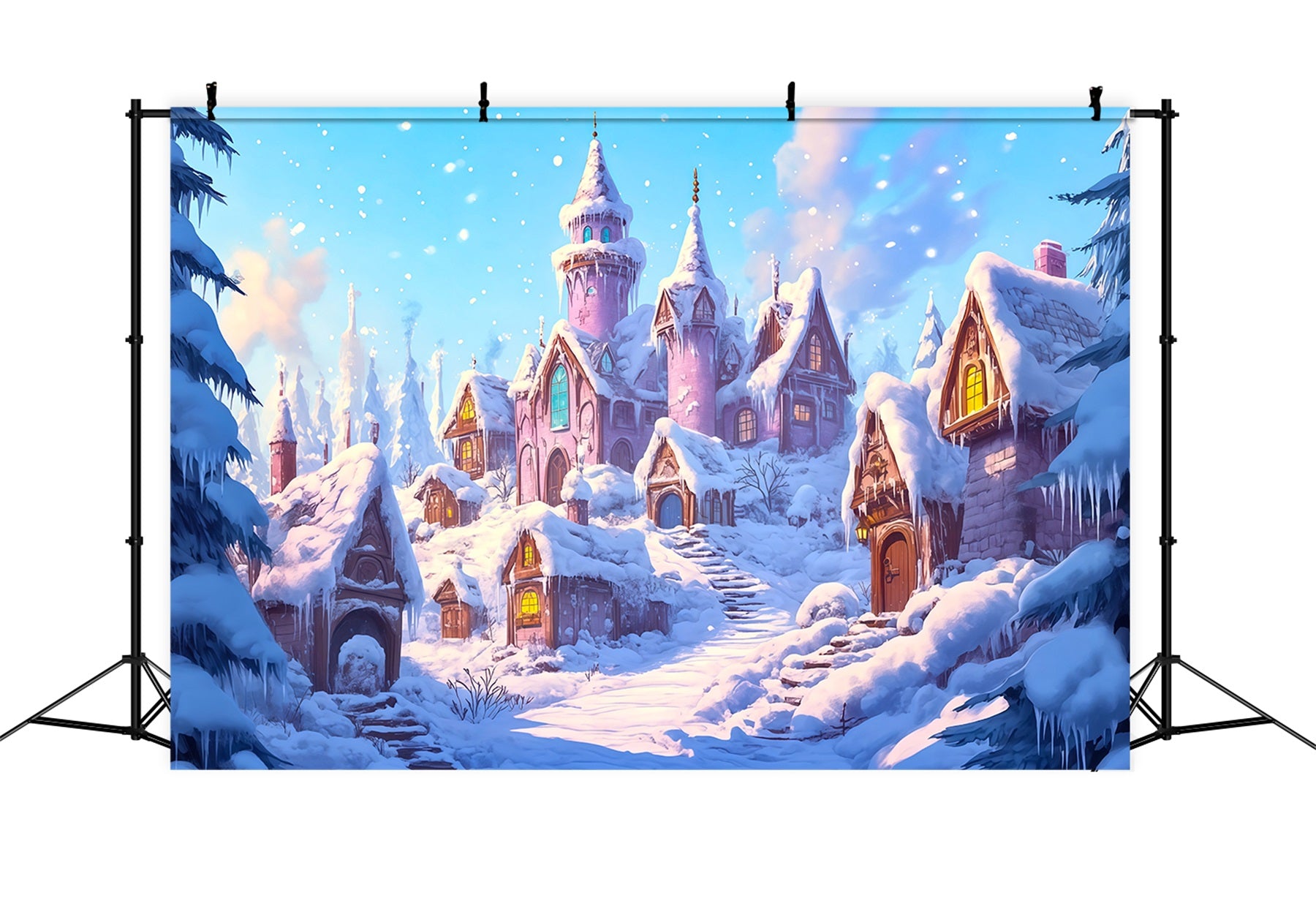 Pink Christmas Backdrop Snowy Village Castle Large Christmas Backdrops RR69-64