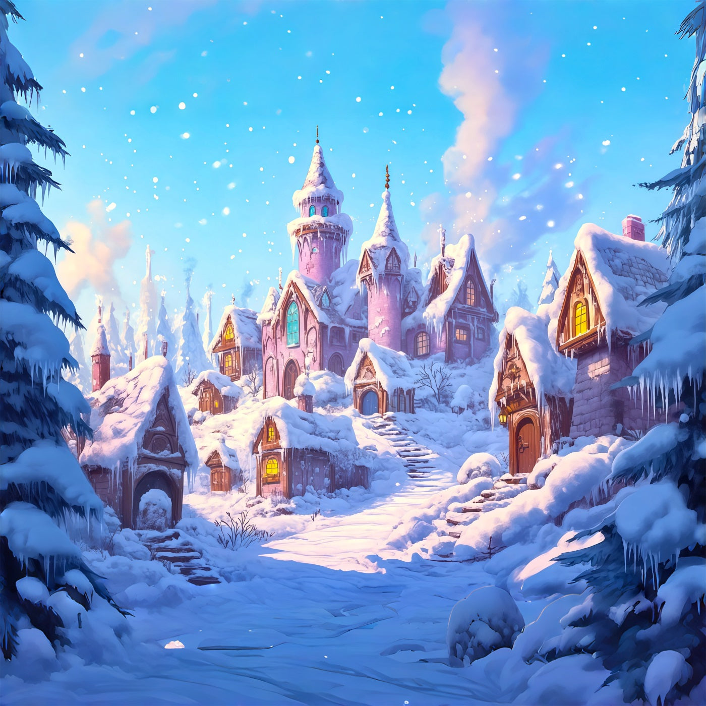 Pink Christmas Backdrop Snowy Village Castle Large Christmas Backdrops RR69-64