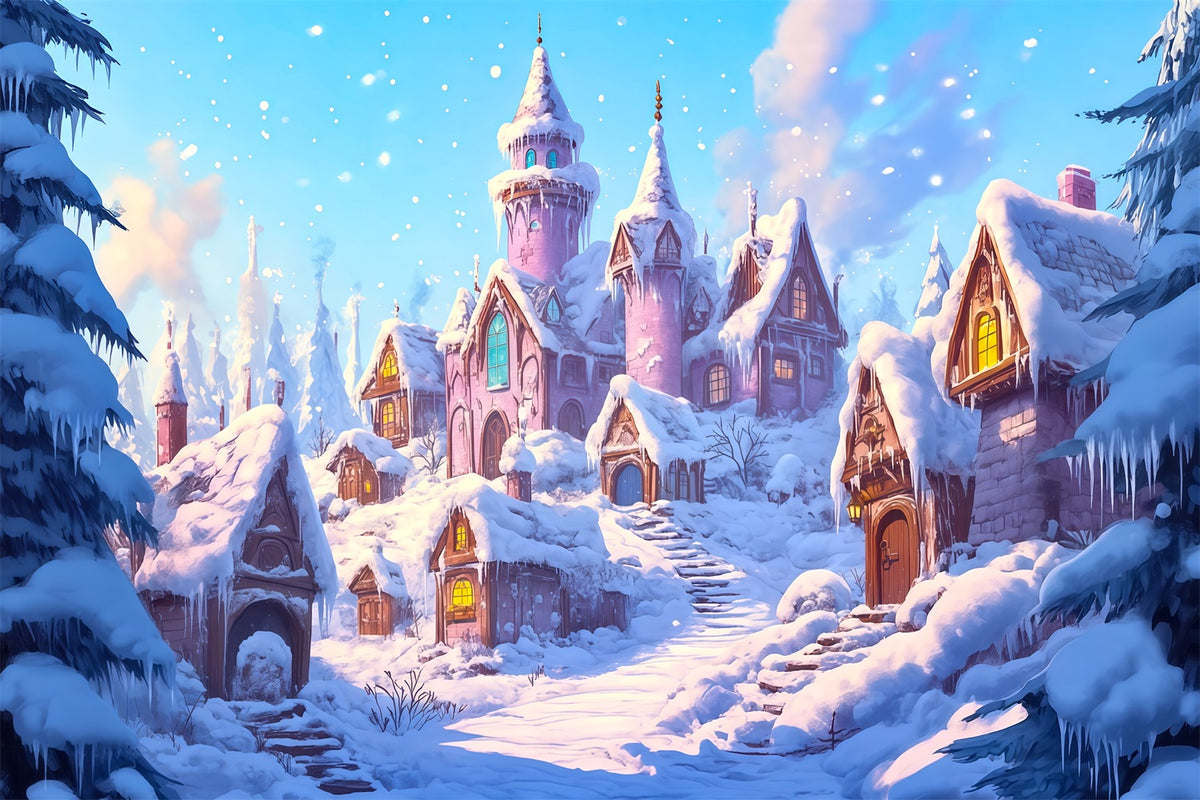 Pink Christmas Backdrop Snowy Village Castle Large Christmas Backdrops RR69-64