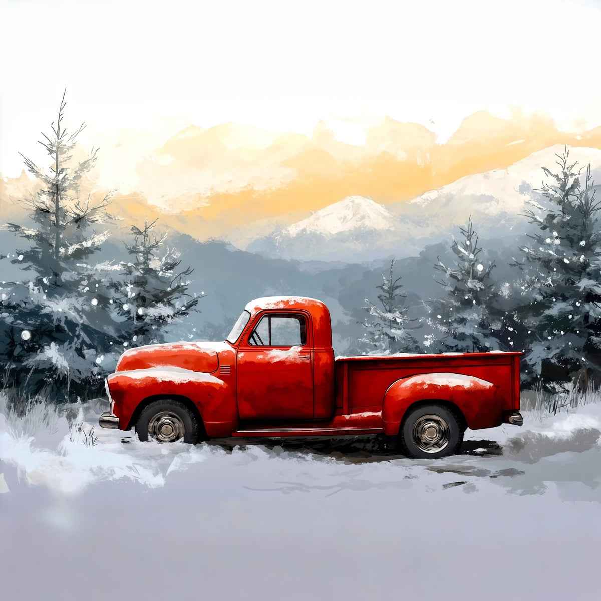 Red Truck Christmas Backdrop Winer Snowy Forest Christmas Wall Backdrop RR69-65