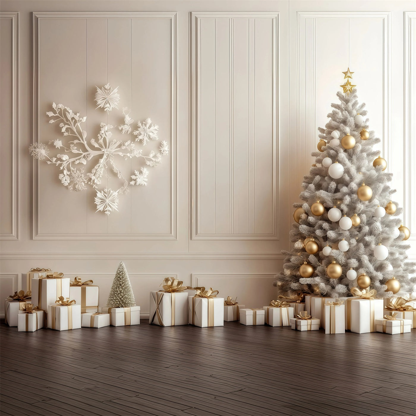 Christmas Wall Backdrop White Gold Tree Display Large Christmas Backdrops RR69-7