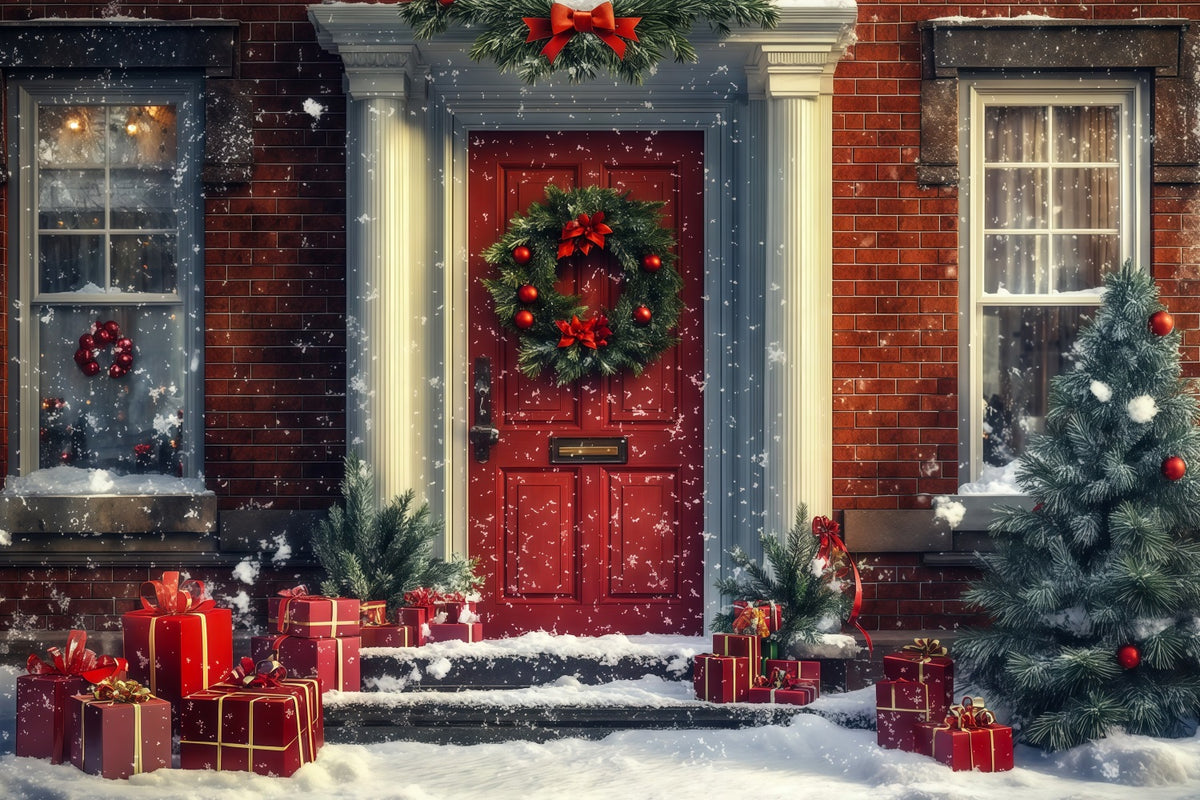 Christmas House Backdrop Snowy Red Door Gifts Photo Backdrops Christmas RR69-71