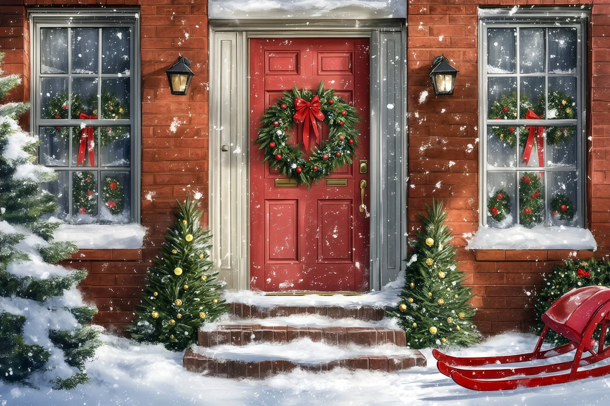Christmas House Backdrop Snowy Red Door Sleigh Christmas Wall Backdrops RR69-72