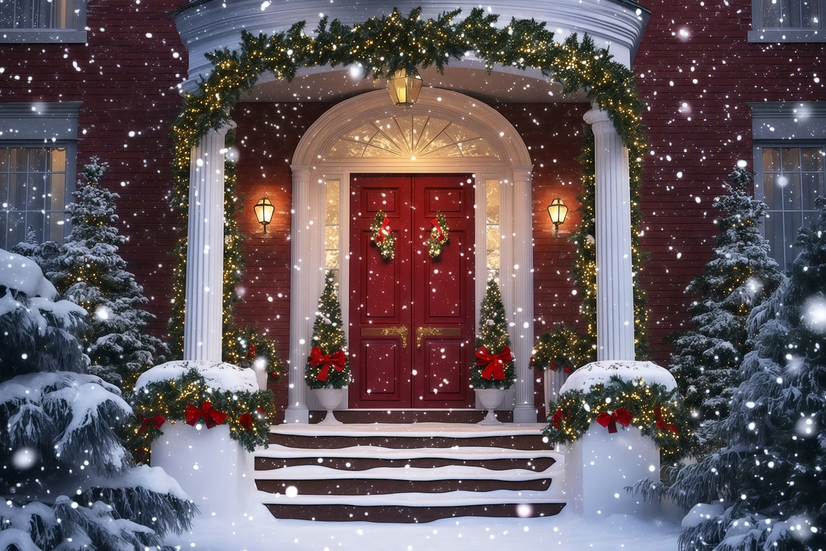 Christmas House Backdrop Snowy Grand Entrance Garland Photography Backdrop Christmas RR69-74
