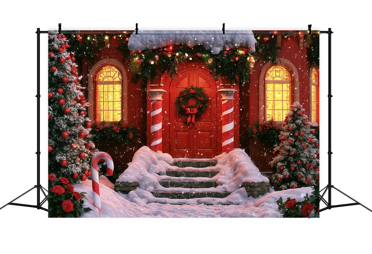 Winter Christmas Backdrop Candy Cane Red Door Entrance Indoor Christmas Backdrop RR69-75