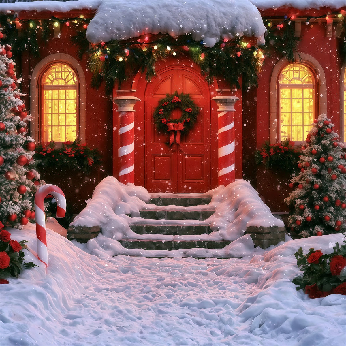 Winter Christmas Backdrop Candy Cane Red Door Entrance Indoor Christmas Backdrop RR69-75