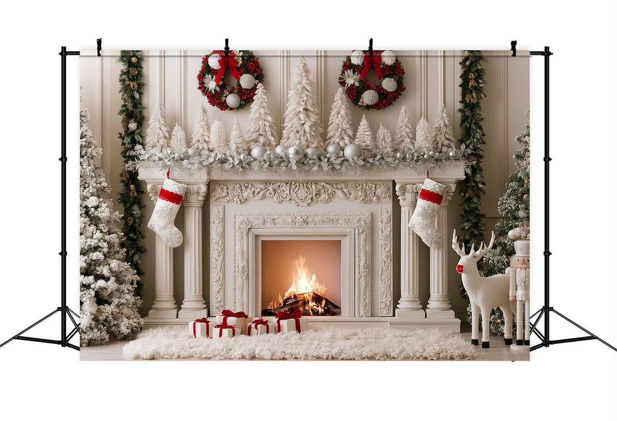 Christmas Fireplace Backdrop Snowy White Mantel Display Studio Christmas Backdrop RR69-80
