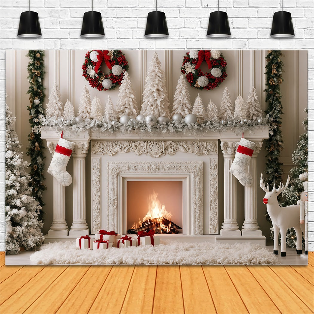 Christmas Fireplace Backdrop Snowy White Mantel Display Studio Christmas Backdrop RR69-80