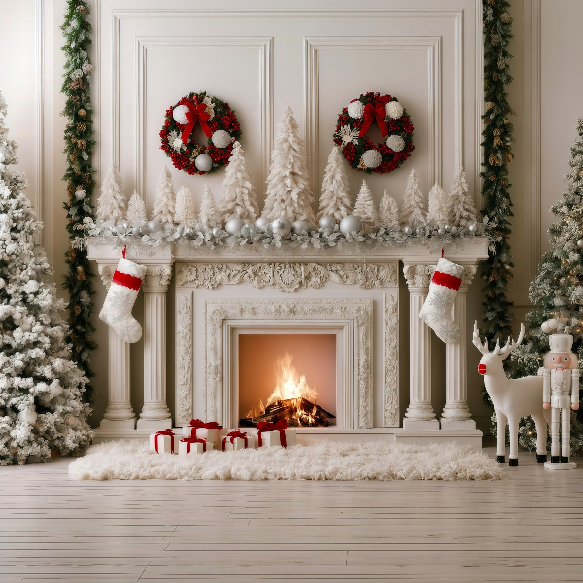 Christmas Fireplace Backdrop Snowy White Mantel Display Studio Christmas Backdrop RR69-80